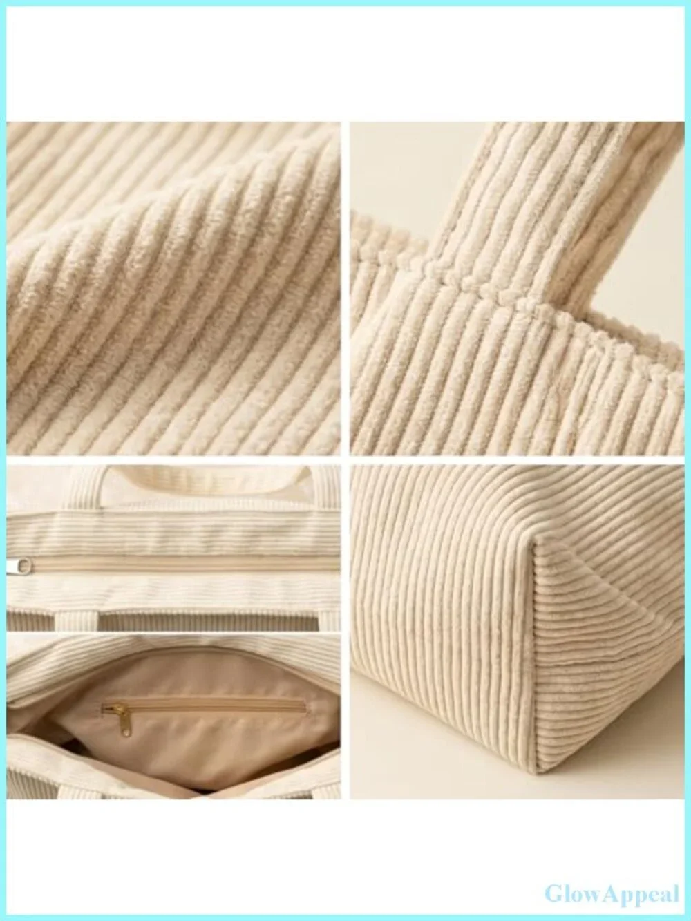Large Corduroy Tote Bag with Zipper for Mom